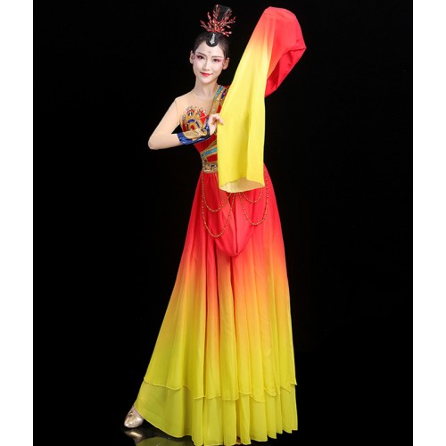 Women girls Chinese folk dance costumes Red with Gold Gradient Water sleeves Fairy princess caiwei classical dance dresses female Caiwei stunning dance performance wear
